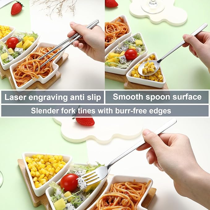 DEVICO Utensils for Lunch Box, Portabl Korean Chopsticks Fork and Spoon Set | 4Pcs 18/8 Stainless Steel Travel Silverware Set with Case, for Camping/School, for Kids/Adults, Dishwasher Safe, Beige-Blue