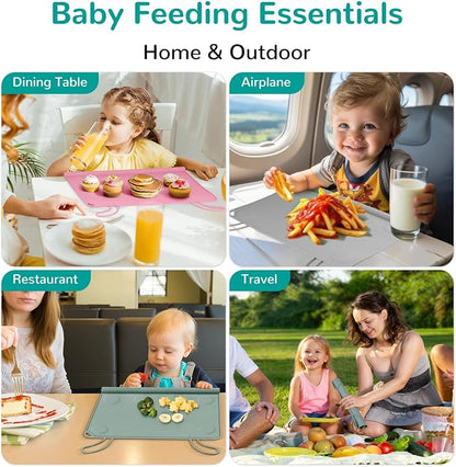 Silicone Placemat for Babygirls Eating-Out: Wipe Clean & Roll up for Outdoor - Pink Table Mat for Restaurant/Travel/On-The-Go