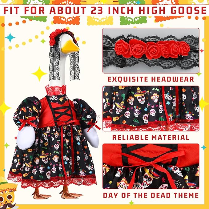 Suzile Halloween Goose Outfit Dresses Clothes for 23" Dia De Los Muertos Cement or Plastic Porch Goose Costume for Yard Lawn Outdoor Garden Patio Statue Halloween Holiday Decor