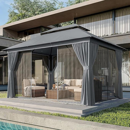 AOXUN Outdoor Gazebo for Patio 10x12, Metal Frame Canopy with Double Roofs, Heavy Duty Party Tent and Shelter with Mosquito Netting and Privacy Screen for Backyard, Lawn, Garden, Deck