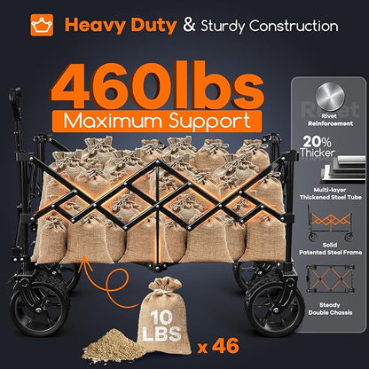 38"L Collapsible Wagon Cart Foldable, 460lbs Weight Capacity 220L Heavy Duty Folding Beach Wagons with Big All-Terrain Wheels, Utility Carts for Groceries, Shopping, Camping, Sports - Black