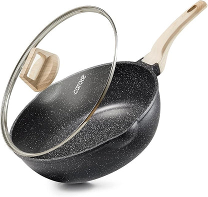 CAROTE 12 Inch Nonstick Deep Frying Pan with Lid, 5.5 Qt Black Granite | Kitchen Non-Toxic PFOA Free Cookware, Covered Sauté Pans All Stovetops Compatible, Easy to Clean