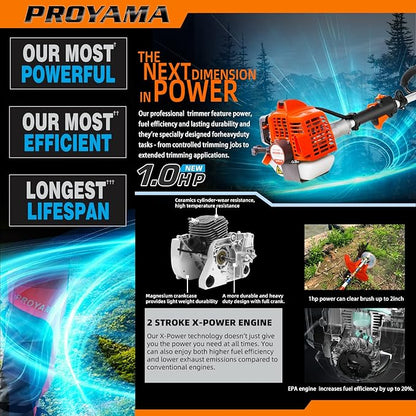 PROYAMA 26cc Weed Eater/Wacker Gas Powered, 2-Cycle Gas String Trimmer/Edger, 3 in 1 Brush Cutter with 17’’ Cutting Path, Grass Trimmer Light Weight