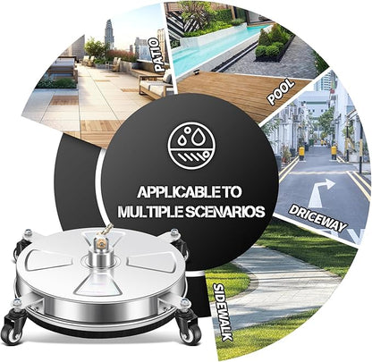 15" Pressure Washer Surface Cleaner with 4 Wheels - Stainless Steel Surface Cleaner for Pressure Washer Attachment for Concrete, Patio, Sidewalk, Deck, Driveways and Daily Washing - PWS 15