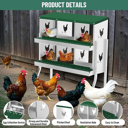 Chicken Nesting Boxes,6 Compartments Galvanized Steel Metal Laying Boxes with Leg,Pull-Out Egg Box Easy Egg Collection & Clean,Wall Mount Suitable for Farm Chicken House,Green