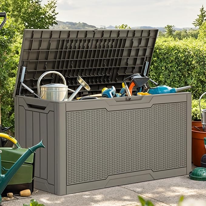 YITAHOME 80 Gallon Outdoor Storage Box, Large Water Resistant Resin Deck Box, Indoor Outdoor Lockable Rattan Storage Container for Patio, Garden, Cushions, Tools, Equipment (Taupe)