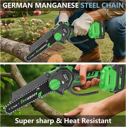 Mini Chainsaw Cordless, 8 Inch & 6 Inch Portable Electric Chain Saw with 2 Battery 8 Chains, Auto Oiler, Battery Powered Small Handheld Saw for Wood Cutting, Tree Trimming, Garden(Green)