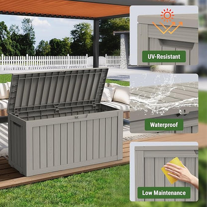 Mars Villa Deck Box, Waterproof Weatherproof and UV Resistant Resin Storage Bin with Lockable Lid, Ideal for, Outdoor, Patio Furniture Cushions, Pool Supplies, Garden Tools (72 Gallon, Light Brown)