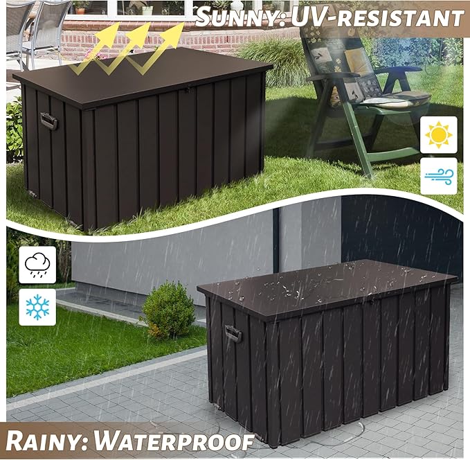 190 Gallon Metal Deck Box, Waterproof Steel Outdoor Box, Large Patio Furniture Storage Cabinet, Lockable Storage Bench for Porch Package Delivery, Pillows, Cushions, Pool, Tools, Backyard, Brown