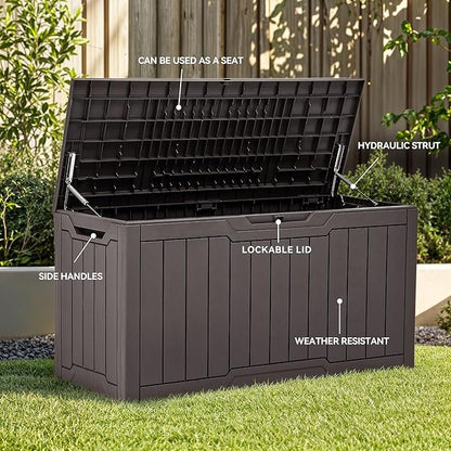 YITAHOME 100 Gallon Resin Deck Box, Weather Resistant Outdoor Storage Box, Lockable Indoor Outdoor Storage for Supplies and Essentials, Dark Brown