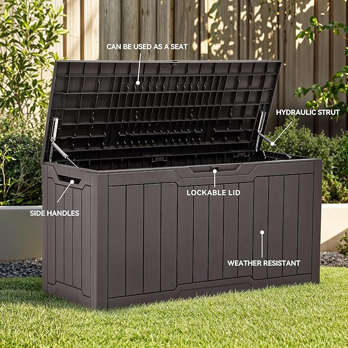YITAHOME 80 Gallon Resin Deck Box, Weather Resistant Outdoor Storage Box, Lockable Indoor Outdoor Storage for Supplies and Essentials, Dark Brown