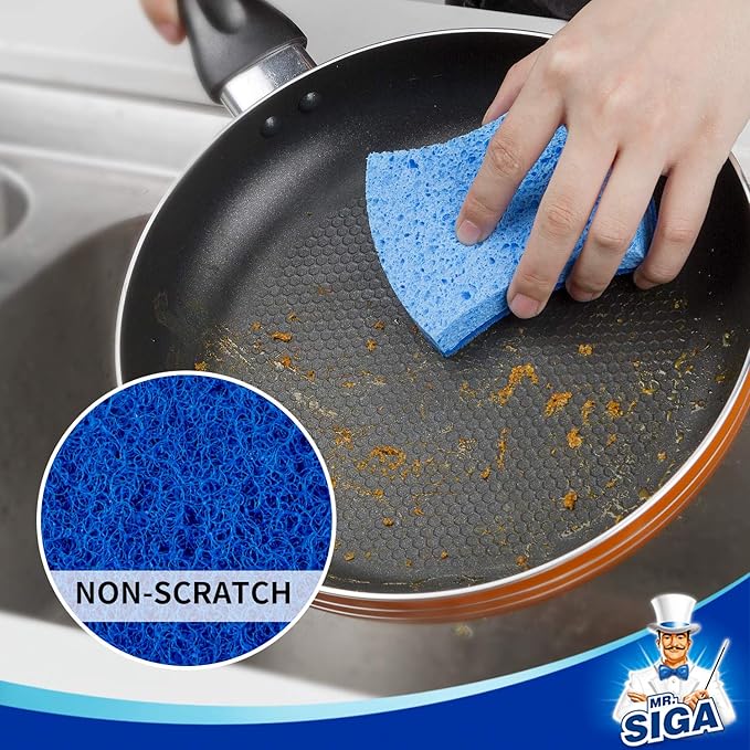 MR.SIGA Non-Scratch Cellulose Scrub Sponge, Dual-Sided Dishwashing Sponge for Kitchen, 12 Pack