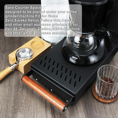 DIBTSA Espresso Knock Box Drawer,Stainless Steel Detachable Coffee Pucks Knock Container, Shock-Absorbent Durable Barista Style Knock Box, Removable Knock Bar,Wood handle and Non-Slip Base (Black)