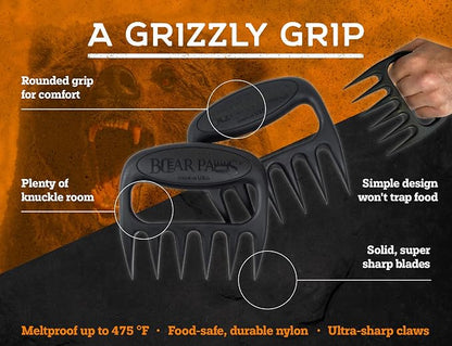 The Original Bear Paw Meat Shredder - Claws for Shredding Pork, Chicken & Any Meat (Black) | Shredder Claws for Pulled Pork, USA Made - Easily Lift, Shred, Pull and Serve Pork, Chicken, Brisket and Turkey