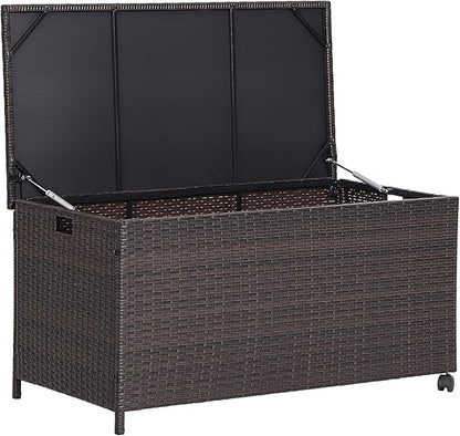 Giantex Outdoor Wicker Storage Box - 50 Gallon PE Rattan Storage Container with Lid, Waterproof Liner, Universal Wheels, Deck Storage for Pillows, Cushions, Gardening Tools, Mix Brown