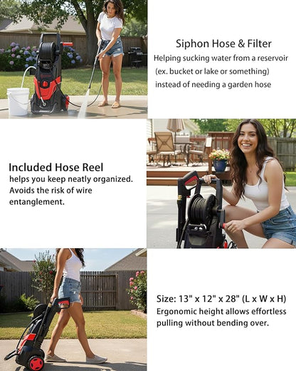LANCHEZ Pressure Washer 4800PSI with 4 Quick Connect Nozzles, Inlet Hose & Filter&500ML Foam Cannon, Power Washer for Cars/Fences/Driveways/Patios/Home Cleaning (Red)