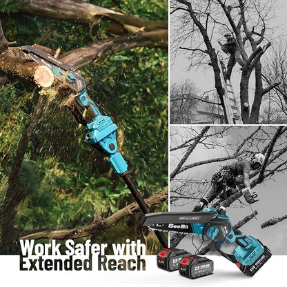 SEESII 2-in-1 Pole Saws for Tree Trimming: Electric Mini Chainsaw 6 Inch Cordless, 2 x 4000mAh Batteries Tree Pruner, Brushless Chain Saw with Extension Pole for Limb Branch Cutter,16Ft Reach