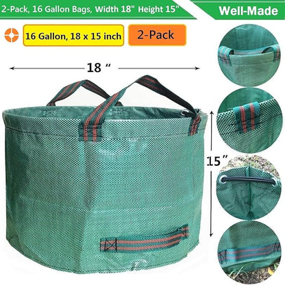 Standard 2-Pack 16 Gallon Yard Lawn Garden Bags (D18, H15 inch) with Gardening Gloves, Yard Waste Bags,Patio Debris Container,Camping Trash Bin,Recycling Bag,Laundry Bin,Lawn Weeds,Leaf Bags 4 handles