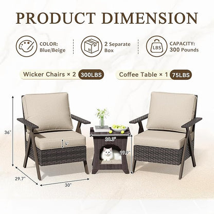 Patio Porch Furniture Chairs Set, 3 Pieces PE Rattan Wicker Chairs with Side Table, Outdoor Garden Furniture Sets for Garden Backyard Porch Poolside