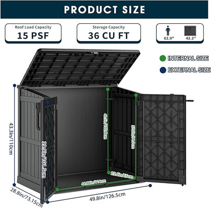 Light Gray Outdoor Resin Storage Shed 36 Cu. Ft. Garden Horizontal Storage Extra Large Capacity Weather Resistant Storage Box, Lockable Resin Waterproof Shed for Garbage Cans, Garden Tools