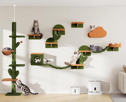 Cactus Floor to Ceiling Cat Tower, 14-in-1 Cat Wall Shelves, Green | Cats Tree with Adjustable Height(87-104 IN), Cat Climbing Wall Furniture Set for 16 Inch Drywall, with Scratching Post, Cloud