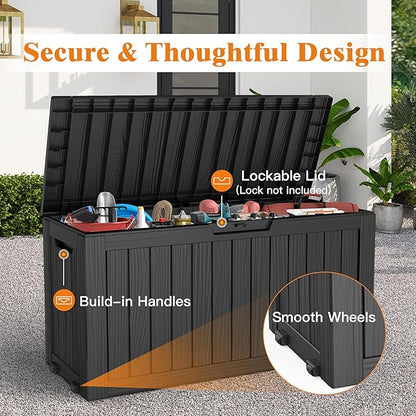 Outdoor Storage Box, Deck Box Waterproof 72 Gallon, Resin Outside Storage, Storage Bin for Package Delivery, Patio Furniture Cushion, Pool Accessories, Weatherproof and UV Resistant, Black