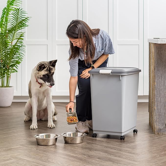 IRIS USA Dog Food Storage Container with Wheels, Airtight Lid, 2-Cup Scoop, Up to 54 Pounds Pet Food Storage, Built in Scoop Storage in Lid, Versatile Pet Food Bin, Portable, BPA Free, Gray/Dark Gray