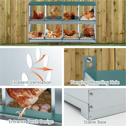 Chicken Nesting Boxes 8 Compartment, Metal Coop Box for Hens, Wall Mount Poultry Nest, Large Vented Holes, Egg Laying Box for Chickens
