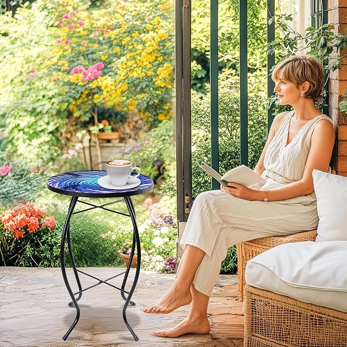 MUMTOP Outdoor End Tables for Patio, Deep Sea Round Side Table, Glass Accent Table for Outside, Garden, Balcony, Porch, Indoor Home Decor