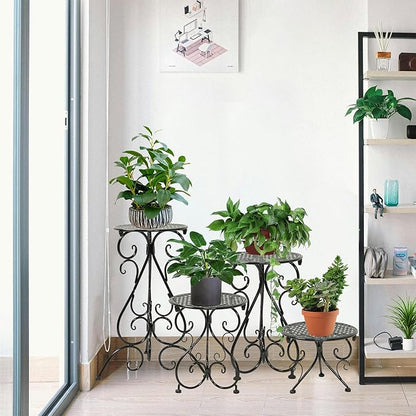 4-Pack Metal Plant Stand for Indoor Outdoor, Heavy Duty Flower Pot Stands for Multiple Plants, Rustproof Iron Planter Holder Display Shelf for Patio Home Garden Porch Balcony(Black)