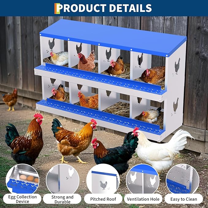Chicken Nesting Boxes,8 Compartments Galvanized Steel Metal Laying Boxes,Pull-Out Egg Box Easy Egg Collection & Clean,Wall Mount Suitable for Farm Chicken House,Blue