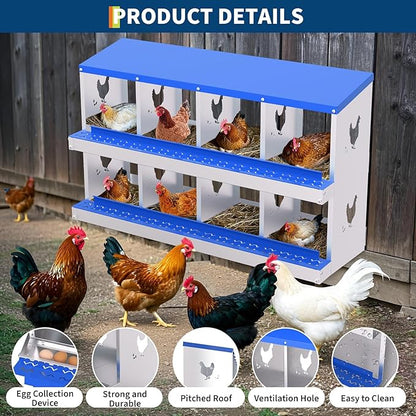 Chicken Nesting Boxes,8 Compartments Galvanized Steel Metal Laying Boxes,Pull-Out Egg Box Easy Egg Collection & Clean,Wall Mount Suitable for Farm Chicken House,Blue