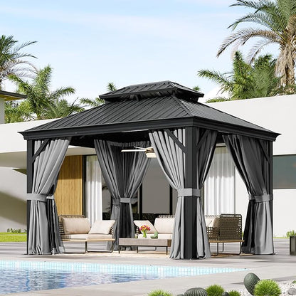 Aoxun 10' X 12' Hardtop Gazebo with Drainage System, Aluminum Outdoor Gazebo with Galvanized Steel Double Roof, Patio Permanent Metal Pavilion with Netting, for Garden, Deck, Easy Assemble