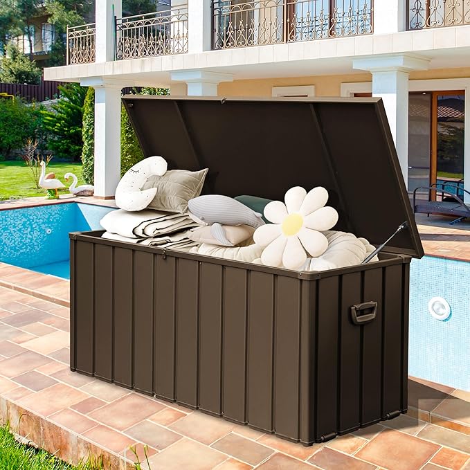 190 Gallon Metal Deck Box, Waterproof Steel Outdoor Box, Large Patio Furniture Storage Cabinet, Lockable Storage Bench for Porch Package Delivery, Pillows, Cushions, Pool, Tools, Backyard, Brown