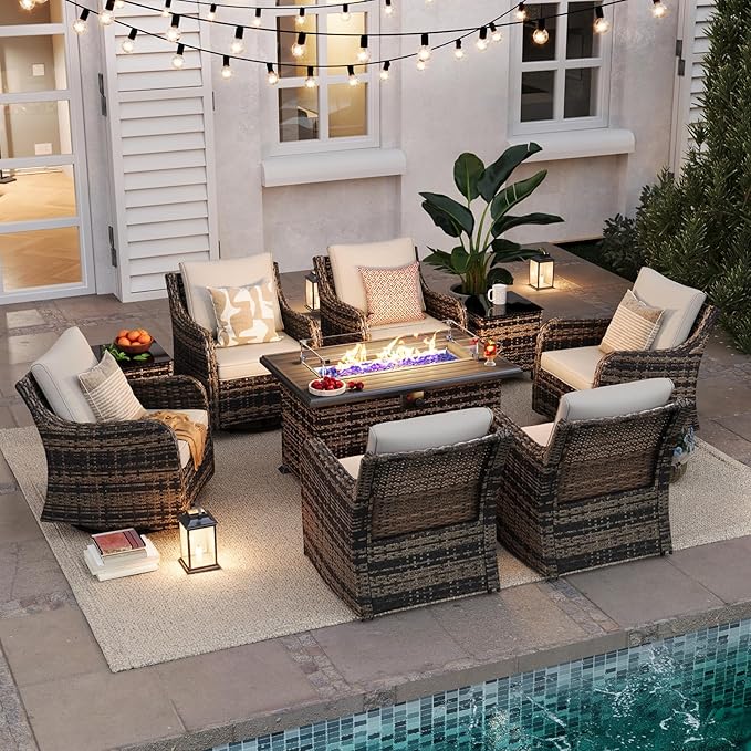 MEISSALIVVE 9 Pieces Patio Furniture Set with 43" Fire Pit Table, Wicker Patio Conversation Set with Swivel Rocking Chairs, Outdoor Patio Set for Lawn Backyard Porch (Brown)