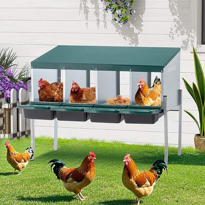 Chicken Nesting Box, 4 Compartment Roll Out Hens Nest Boxes with 4 Legs, Chicken Laying Box w/Lid Cover for Outdoor Chicken Coop Cages Farm Yard, Green (4 Holes w/Legs)