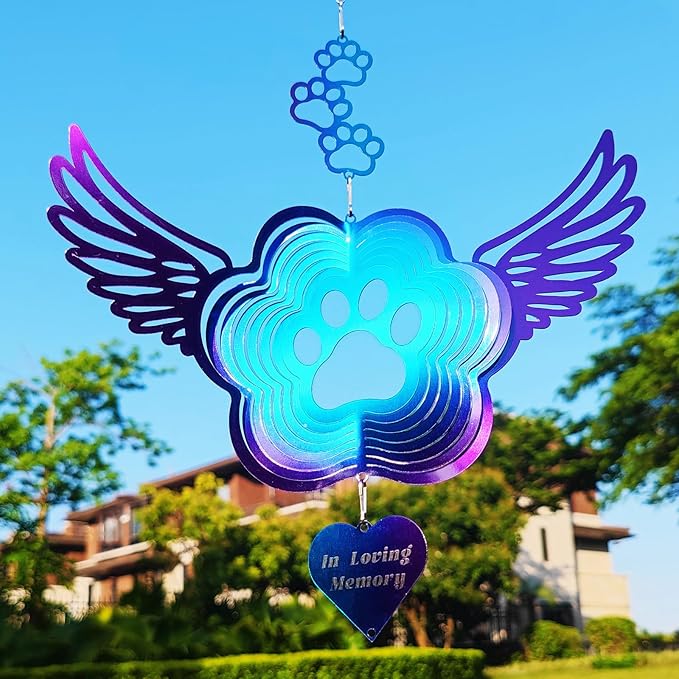 DJUAN Pet Memorial Wind Spinners, Cat Memorial Gifts,Stainless Steel Angel Wings Pet Paw Print,Dogs and Cats Remembrance, Pet Sympathy,Pet Loss Bereavement Gifts