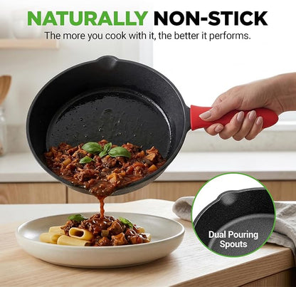 NutriChef 3pc Cast Iron Skillets - Pre-Seasoned Cast Iron Cookware with Drip Spout, Silicone Handles, For All Cooktops