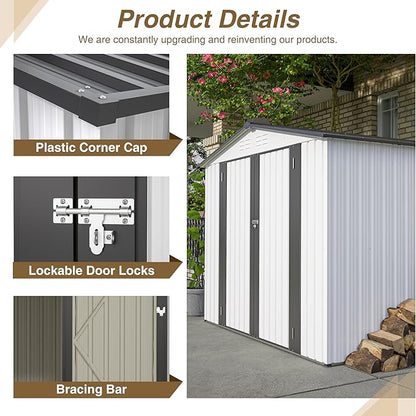8x6 FT Outdoor Storage Shed W/ 2 Lockable Hinged Doors,Metal Shed W/Sloped Roof & 4 Air Vents,Garden Tool House W/Updated Frame Structure,for Backyard Patio Lawn,White