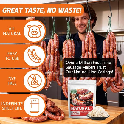 Natural Hog Sausage Casing, Edible Casings for Sausage Making, Grade A, Great for Snack Sticks, Italian Sausage, Hot Dog Casing, Breakfast Sausage Links and Most Sausage -10M/32ft,Φ36-38mm