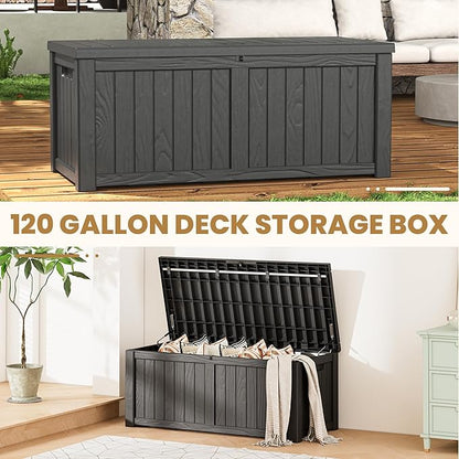 Deck Box, 120 Gallon Outdoor Storage Box Lockable Patio Waterproof for Furniture, Garden Tools, Sports Equipment and Pool Supplies, Waterproof, Resin, Lockable