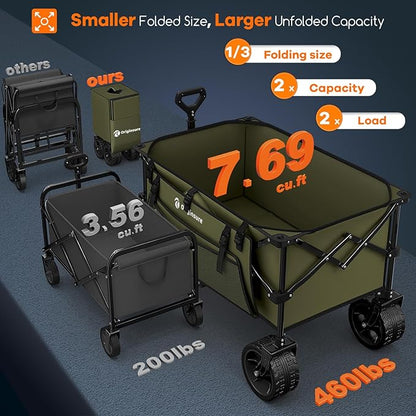 220L Collapsible Wagon Cart Foldable, 460lbs Load Capacity Heavy Duty Folding Beach Wagons with Big All-Terrain Wheels, Utility Carts for Groceries, Shopping, Camping, Sports - Green