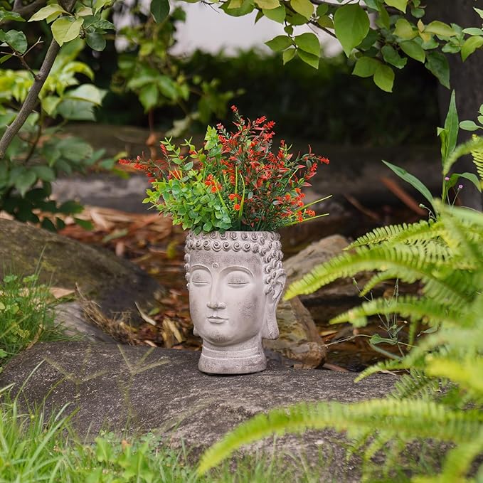 Buddha - Face Flower Pot - Head Planters - Garden Statue - Cactus Succulents Planter Pot Indoor Outdoor Planter with Drainage Hole Unique Garden Farmhouse Decor 6.25*6.5*8.25 Inch Newman House Studio