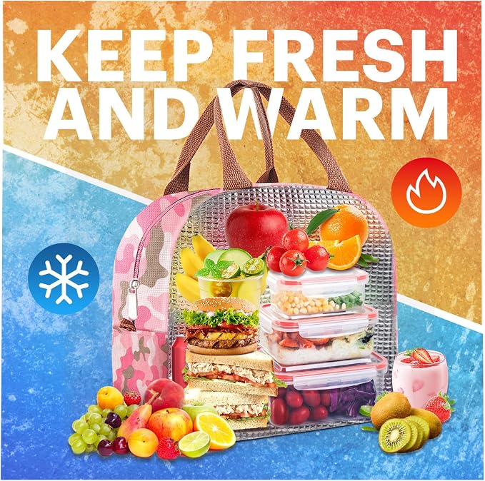 Lunch Bag for Women & Men Adult Insulated Lunch Box, Small Leakproof Cooler Food Lunch Containers Reusable High Capacity Lunch Tote Bags for Work, Travel, Outdoor (Pink Camo)