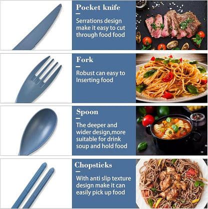 Large Reusable Travel Utensils Set with Case, Plastic Set for Adults Travel Picnic Camping, Portable Flatware Cutlery Set with Chopsticks for Daily Use(Dark Blue)