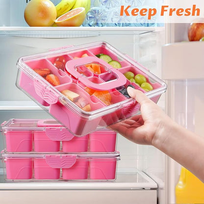 Snackle Box Container Dishwasher Safe Divided Serving Tray with Lid Handle | Charcuterie Board for Portable Snack Platters, Organizer for Fruits Snacks, Perfect for Road Travel - Pink