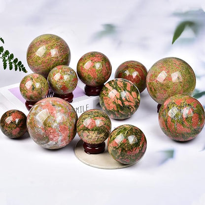 JIC Gem Crystal Sphere Balls Unakite Healing Crystal Ball with Wood Base for Reiki Chakra Decor (100-110mm)