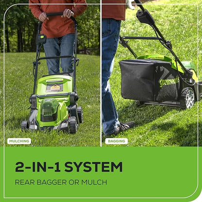 Greenworks 48V (24V x 2) 17" Brushless Mower+12" String Trimmer +320CFM Blower,(2) 4.0Ah Batteries and 2A Dual Port Charger
