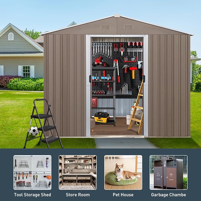 8x10 FT Outdoor Storage Shed, Metal Garden Shed with Frame Floor, Outside Tool Shed with Window, Waterproof Storage Building with Lockable Sliding Doors & Sloped Roof for Backyard, Patio, Warm Gray