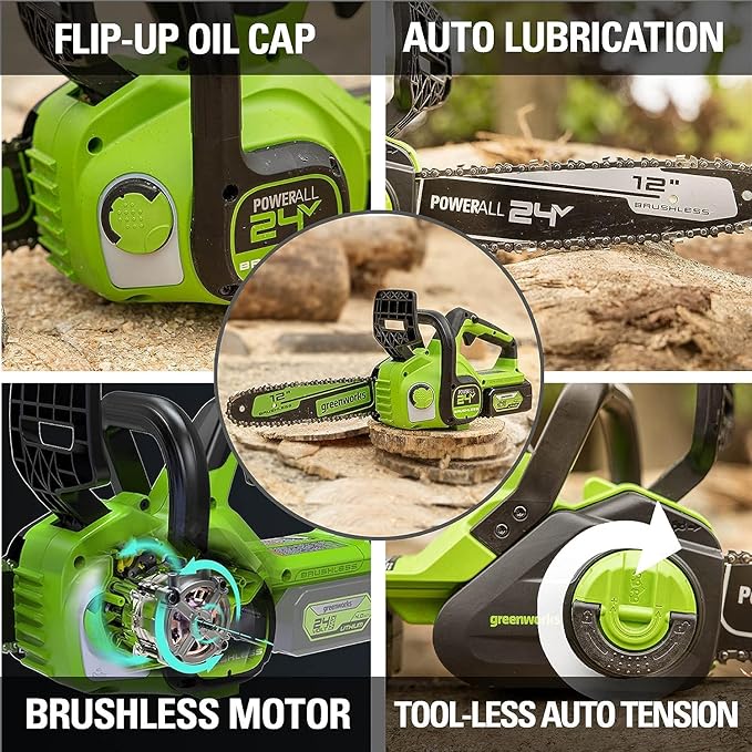 Greenworks 24V 12" Brushless Cordless Compact Chainsaw (Great For Storm Clean-Up, Pruning, and Firewood / 125+ Compatible Tools), Tool Only